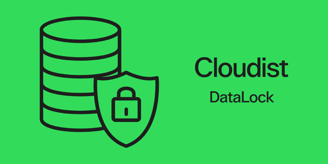 Bild som visar Cloudist Immutable DataLock i form av en sköld med ett lås på med texten Cloudist DataLock.