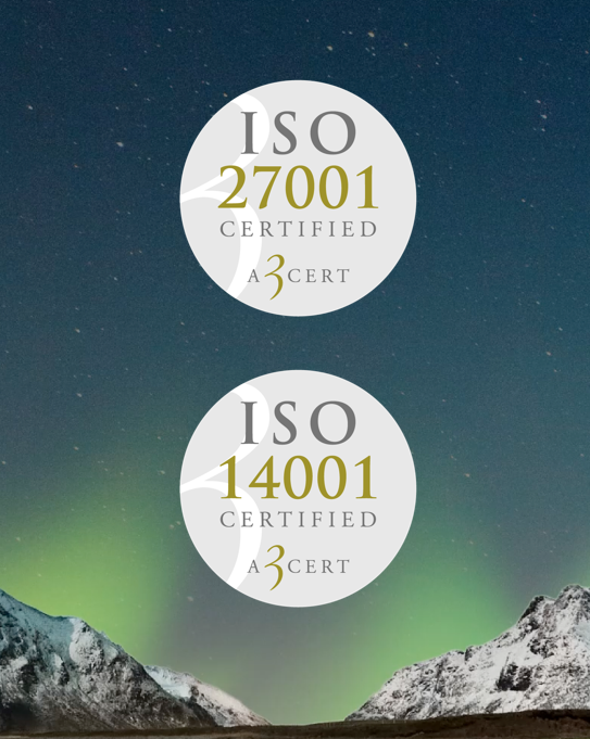 Bild som visar Cloudist ISO 27001 och ISO 14001 certifikat med en bakgrund som visar norrskenet över snöklädda bergstoppar.